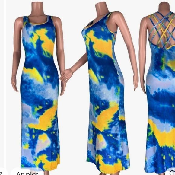 Adogirl Women Sleeveless Tie Dye Print Halter Neck Dress Open Back Mermaid Maxi - Picture 3 of 7